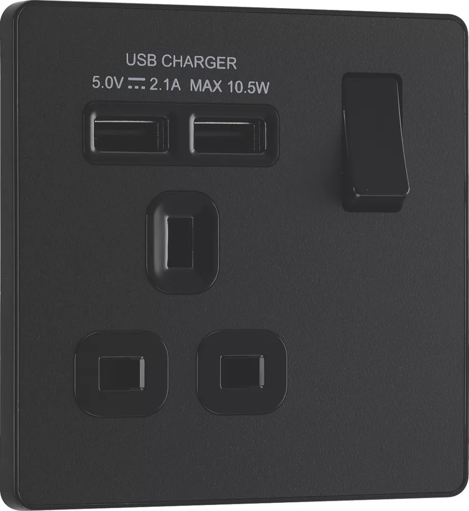 British General Evolve 13A 1-Gang SP Switched Socket + 2.1A 2-Outlet Type A USB Charger Matt Black With Black Inserts 4 British General Evolve 13A 1-Gang SP Switched Socket + 2.1A 2-Outlet Type A USB Charger Matt Black With Black Inserts - Image 2