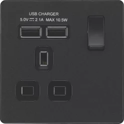 British General Evolve 13A 1-Gang SP Switched Socket + 2.1A 2-Outlet Type A USB Charger Matt Black With Black Inserts 11 British General Evolve 13A 1-Gang SP Switched Socket + 2.1A 2-Outlet Type A USB Charger Matt Black With Black Inserts -British General Shop 204RF A2
