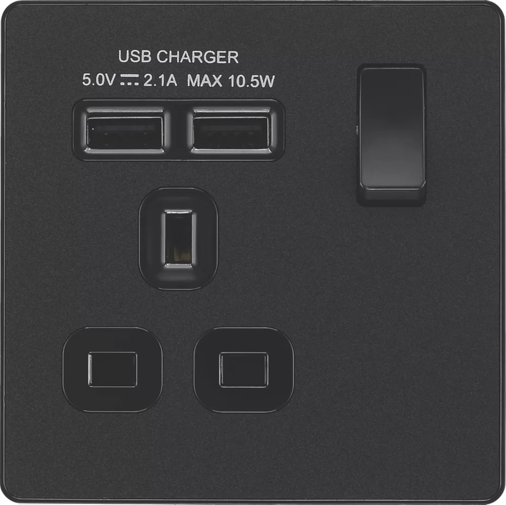 British General Evolve 13A 1-Gang SP Switched Socket + 2.1A 2-Outlet Type A USB Charger Matt Black With Black Inserts 5 British General Evolve 13A 1-Gang SP Switched Socket + 2.1A 2-Outlet Type A USB Charger Matt Black With Black Inserts - Image 3