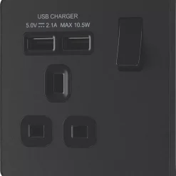 British General Evolve 13A 1-Gang SP Switched Socket + 2.1A 2-Outlet Type A USB Charger Matt Black With Black Inserts 12 British General Evolve 13A 1-Gang SP Switched Socket + 2.1A 2-Outlet Type A USB Charger Matt Black With Black Inserts -British General Shop 204RF A3