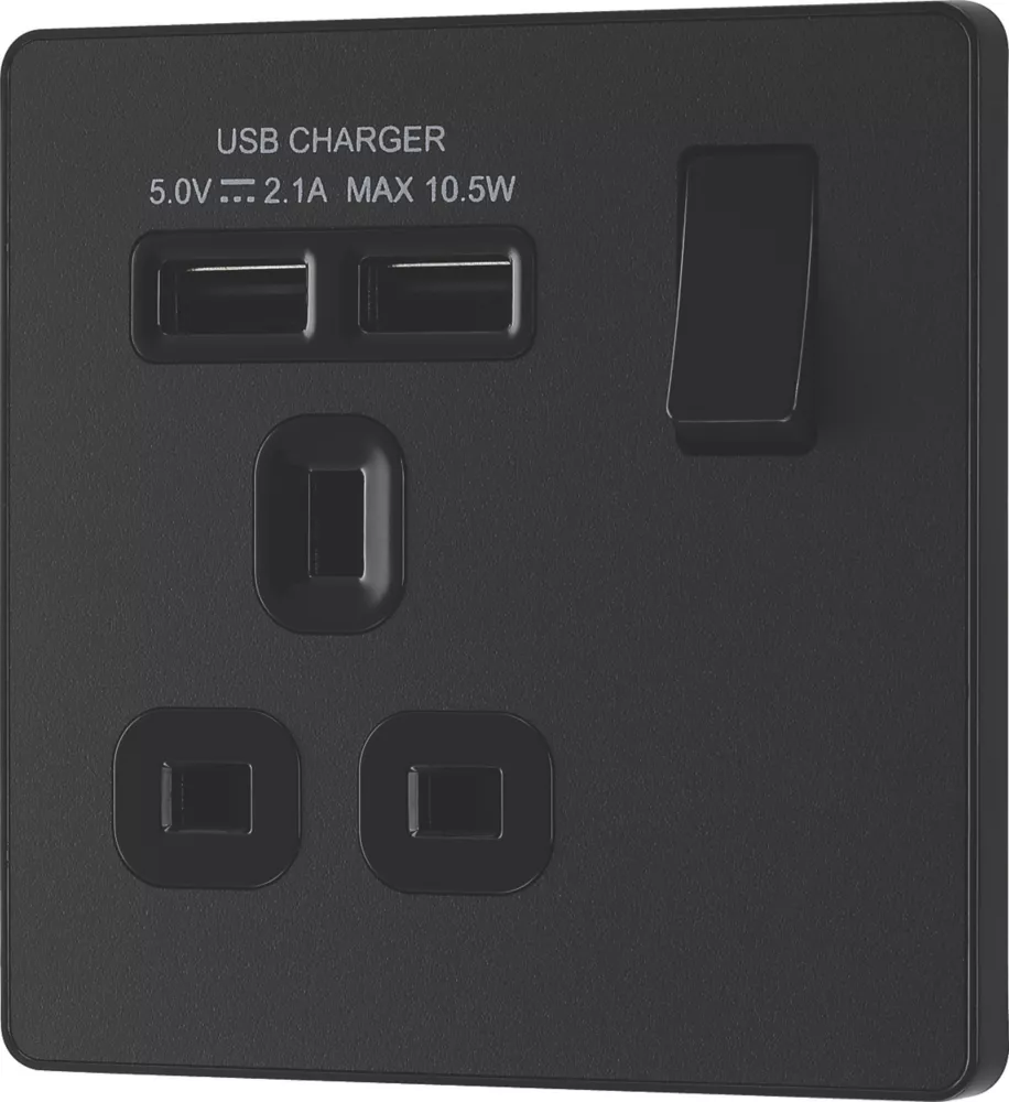 British General Evolve 13A 1-Gang SP Switched Socket + 2.1A 2-Outlet Type A USB Charger Matt Black With Black Inserts 6 British General Evolve 13A 1-Gang SP Switched Socket + 2.1A 2-Outlet Type A USB Charger Matt Black With Black Inserts - Image 4