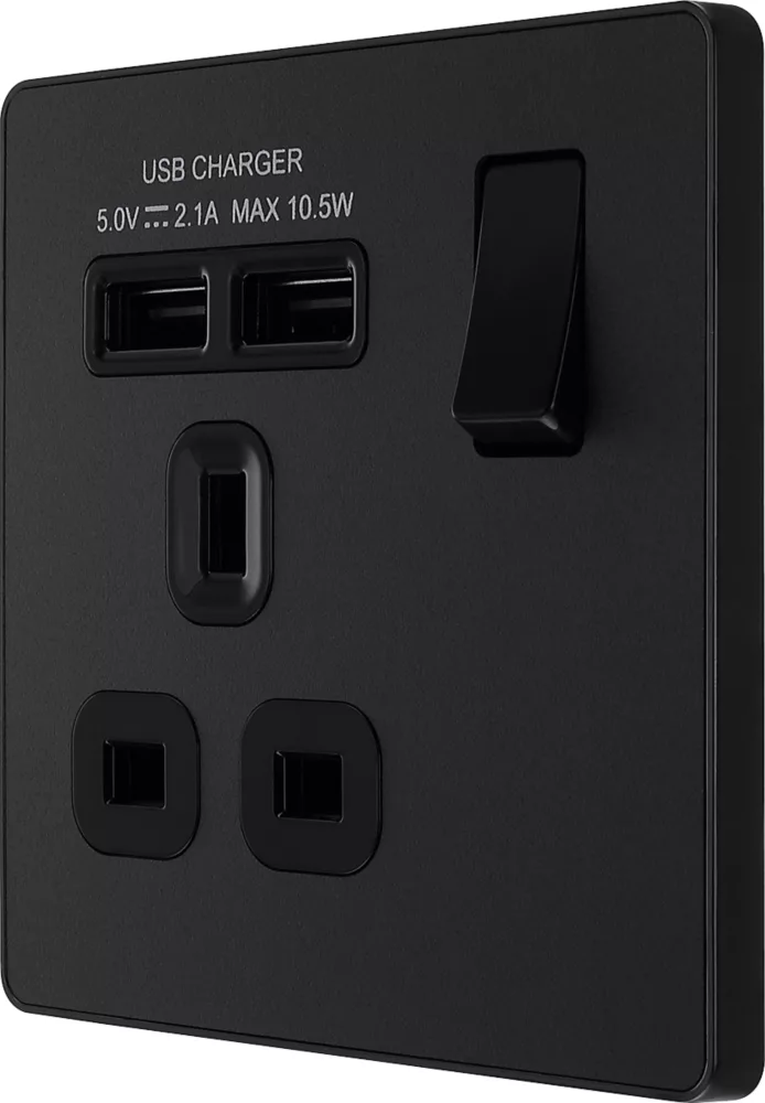 British General Evolve 13A 1-Gang SP Switched Socket + 2.1A 2-Outlet Type A USB Charger Matt Black With Black Inserts 3 British General Evolve 13A 1-Gang SP Switched Socket + 2.1A 2-Outlet Type A USB Charger Matt Black With Black Inserts