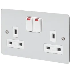 MK Edge 13A 2-Gang DP Switched Plug Socket Polished Chrome With Neon With White Inserts