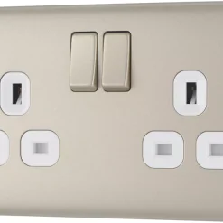 British General Nexus Metal 13A 2-Gang DP Switched Socket Pearl Nickel With White Inserts -British General Shop 20813 A3