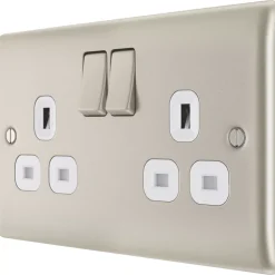 British General Nexus Metal 13A 2-Gang DP Switched Socket Pearl Nickel With White Inserts
