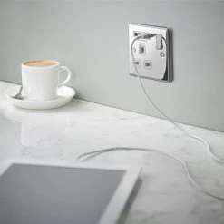 LAP 13A 1-Gang SP Switched Socket + 2.1A 2-Outlet Type A USB Charger Polished Chrome With White Inserts -British General Shop 2088F A2