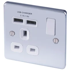 LAP 13A 1-Gang SP Switched Socket + 2.1A 2-Outlet Type A USB Charger Polished Chrome With White Inserts