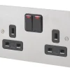 MK Edge 13A 2-Gang DP Switched Plug Socket Brushed Stainless Steel With Neon With Black Inserts -British General Shop 209FF P