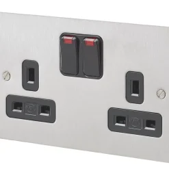 MK Edge 13A 2-Gang DP Switched Plug Socket Brushed Stainless Steel With Neon With Black Inserts