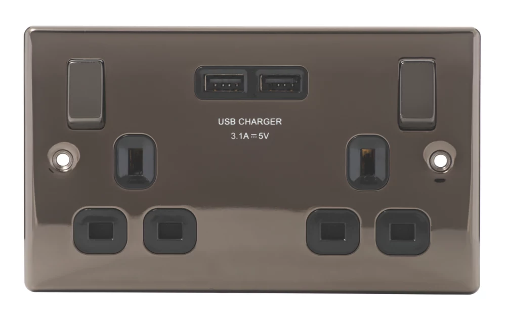 British General Nexus Metal 13A 2-Gang SP Switched Socket + 3.1A 2-Outlet Type A USB Charger Black Nickel With Black Inserts 4 British General Nexus Metal 13A 2-Gang SP Switched Socket + 3.1A 2-Outlet Type A USB Charger Black Nickel With Black Inserts - Image 2