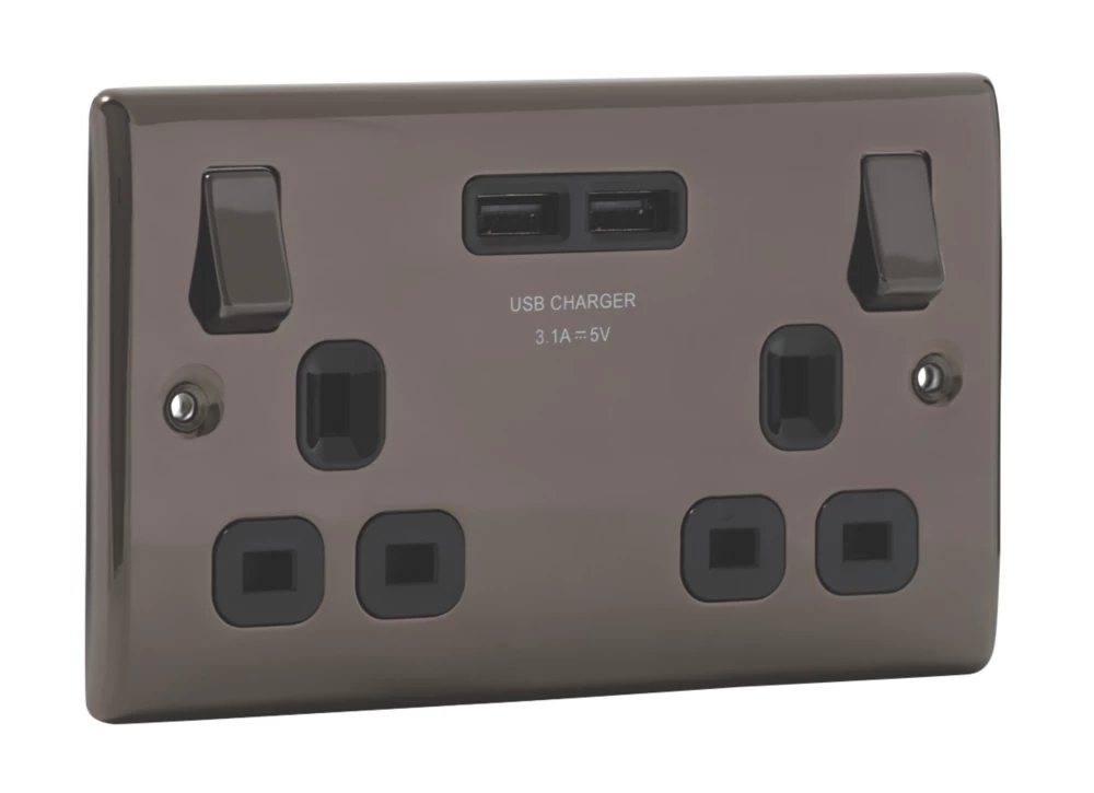 British General Nexus Metal 13A 2-Gang SP Switched Socket + 3.1A 2-Outlet Type A USB Charger Black Nickel With Black Inserts 5 British General Nexus Metal 13A 2-Gang SP Switched Socket + 3.1A 2-Outlet Type A USB Charger Black Nickel With Black Inserts - Image 3