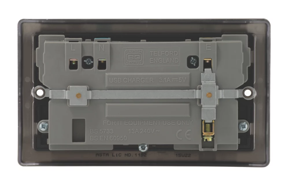 British General Nexus Metal 13A 2-Gang SP Switched Socket + 3.1A 2-Outlet Type A USB Charger Black Nickel With Black Inserts 6 British General Nexus Metal 13A 2-Gang SP Switched Socket + 3.1A 2-Outlet Type A USB Charger Black Nickel With Black Inserts - Image 4
