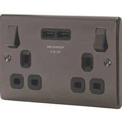 British General Nexus Metal 13A 2-Gang SP Switched Socket + 3.1A 2-Outlet Type A USB Charger Black Nickel With Black Inserts