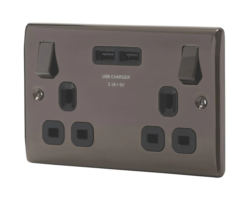 British General Nexus Metal 13A 2-Gang SP Switched Socket + 3.1A 2-Outlet Type A USB Charger Black Nickel With Black Inserts 3 British General Nexus Metal 13A 2-Gang SP Switched Socket + 3.1A 2-Outlet Type A USB Charger Black Nickel With Black Inserts