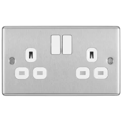 LAP 13A 2-Gang SP Switched Plug Socket Brushed Stainless Steel With White Inserts -British General Shop 2162C A2