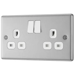 LAP 13A 2-Gang SP Switched Plug Socket Brushed Stainless Steel With White Inserts