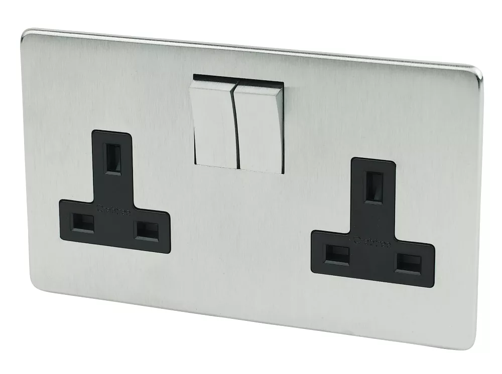 Crabtree Platinum 13A 2-Gang DP Switched Plug Socket Satin Chrome With Black Inserts 3 Crabtree Platinum 13A 2-Gang DP Switched Plug Socket Satin Chrome With Black Inserts
