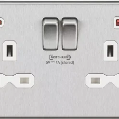 Knightsbridge CS9909BCW 13A 2-Gang DP Switched Socket + 4.0A 2-Outlet Type A & C USB Charger Brushed Chrome With White Inserts