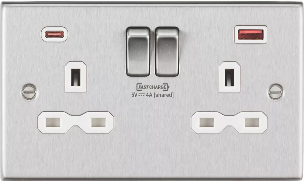 Knightsbridge CS9909BCW 13A 2-Gang DP Switched Socket + 4.0A 2-Outlet Type A & C USB Charger Brushed Chrome With White Inserts 3 Knightsbridge CS9909BCW 13A 2-Gang DP Switched Socket + 4.0A 2-Outlet Type A & C USB Charger Brushed Chrome With White Inserts