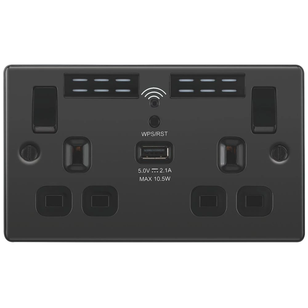 LAP 13A 2-Gang SP Switched Wi-Fi Extender Socket + 2.1A 1-Outlet Type A USB Charger Black Nickel With Black Inserts 5 LAP 13A 2-Gang SP Switched Wi-Fi Extender Socket + 2.1A 1-Outlet Type A USB Charger Black Nickel With Black Inserts - Image 3