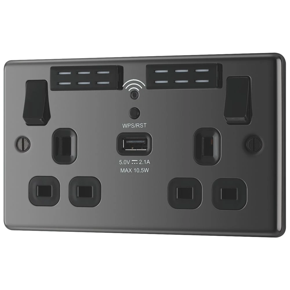 LAP 13A 2-Gang SP Switched Wi-Fi Extender Socket + 2.1A 1-Outlet Type A USB Charger Black Nickel With Black Inserts 3 LAP 13A 2-Gang SP Switched Wi-Fi Extender Socket + 2.1A 1-Outlet Type A USB Charger Black Nickel With Black Inserts