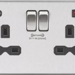Knightsbridge SFR9909BC 13A 2-Gang DP Switched Socket + 4.0A 2-Outlet Type A & C USB Charger Brushed Chrome With Black Inserts