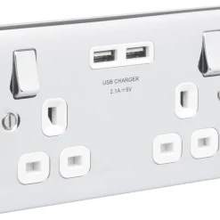 British General Nexus Metal 13A 2-Gang SP Switched Socket + 3.1A 2-Outlet Type A USB Charger Polished Chrome With White Inserts -British General Shop 225FT A2