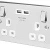 British General Nexus Metal 13A 2-Gang SP Switched Socket + 3.1A 2-Outlet Type A USB Charger Polished Chrome With White Inserts -British General Shop 225FT P