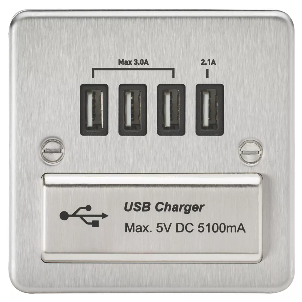 Knightsbridge FPQUADBC 5.1A 4-Outlet Type A USB Socket Brushed Chrome With Black Inserts 3 Knightsbridge FPQUADBC 5.1A 4-Outlet Type A USB Socket Brushed Chrome With Black Inserts