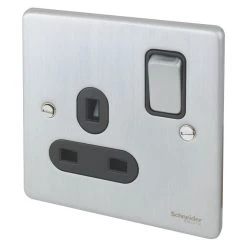 Schneider Electric Ultimate Low Profile 13A 1-Gang SP Switched Plug Socket Brushed Chrome With Black Inserts