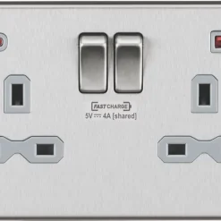 Knightsbridge CS9909BCG 13A 2-Gang DP Switched Socket + 4.0A 2-Outlet Type A & C USB Charger Brushed Chrome With Colour-Matched Inserts