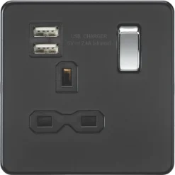 Knightsbridge SFR9124MB 13A 1-Gang SP Switched Socket + 2.4A 2-Outlet Type A USB Charger Matt Black With Black Inserts