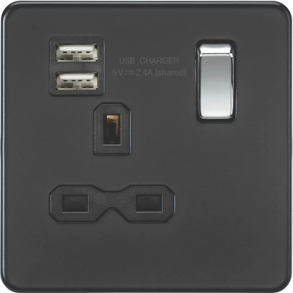 Knightsbridge SFR9124MB 13A 1-Gang SP Switched Socket + 2.4A 2-Outlet Type A USB Charger Matt Black With Black Inserts 3 Knightsbridge SFR9124MB 13A 1-Gang SP Switched Socket + 2.4A 2-Outlet Type A USB Charger Matt Black With Black Inserts
