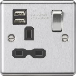 Knightsbridge CL9124BC 13A 1-Gang SP Switched Socket + 2.4A 2-Outlet Type A USB Charger Brushed Chrome With Black Inserts