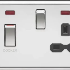 Knightsbridge CL83MNPC 45 & 13A 2-Gang DP Cooker Switch & 13A DP Switched Socket Polished Chrome With LED With Black Inserts