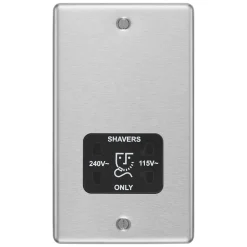 LAP 2-Gang Dual Voltage Shaver Socket 115 / 230V Brushed Stainless Steel With Black Inserts -British General Shop 25094 A2