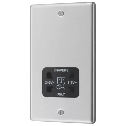 LAP 2-Gang Dual Voltage Shaver Socket 115 / 230V Brushed Stainless Steel With Black Inserts