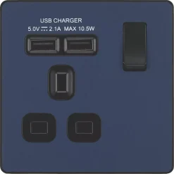 British General Evolve 13A 1-Gang SP Switched Socket + 2.1A 2-Outlet Type A USB Charger Blue With Black Inserts -British General Shop 250RF A2