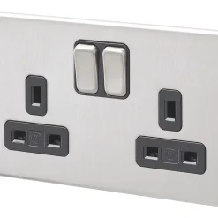 MK Aspect 13A 2-Gang DP Switched Plug Socket Brushed Stainless Steel With Black Inserts