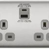 British General Nexus Metal 13A 2-Gang SP Switched Socket + 3A 2-Outlet Type A & C USB Charger Brushed Steel With Graphite Inserts