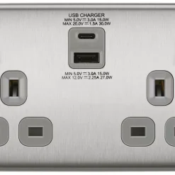 British General Nexus Metal 13A 2-Gang SP Switched Socket + 3A 2-Outlet Type A & C USB Charger Brushed Steel With Graphite Inserts