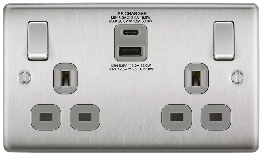 British General Nexus Metal 13A 2-Gang SP Switched Socket + 3A 2-Outlet Type A & C USB Charger Brushed Steel With Graphite Inserts 3 British General Nexus Metal 13A 2-Gang SP Switched Socket + 3A 2-Outlet Type A & C USB Charger Brushed Steel With Graphite Inserts