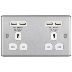 LAP 13A 2-Gang Unswitched Socket + 4.2A 4-Outlet Type A USB Charger Brushed Stainless Steel With White Inserts -British General Shop 2546T A2