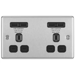 LAP 13A 2-Gang Unswitched Socket + 4.2A 4-Outlet Type A USB Charger Brushed Stainless Steel With Black Inserts -British General Shop 2564T A2