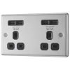 LAP 13A 2-Gang Unswitched Socket + 4.2A 4-Outlet Type A USB Charger Brushed Stainless Steel With Black Inserts -British General Shop 2564T P