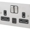 MK Edge 13A 2-Gang DP Switched Socket + 2A 2-Outlet Type A USB Charger Brushed Stainless Steel With Black Inserts -British General Shop 267HX P