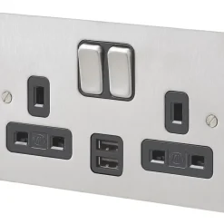 MK Edge 13A 2-Gang DP Switched Socket + 2A 2-Outlet Type A USB Charger Brushed Stainless Steel With Black Inserts