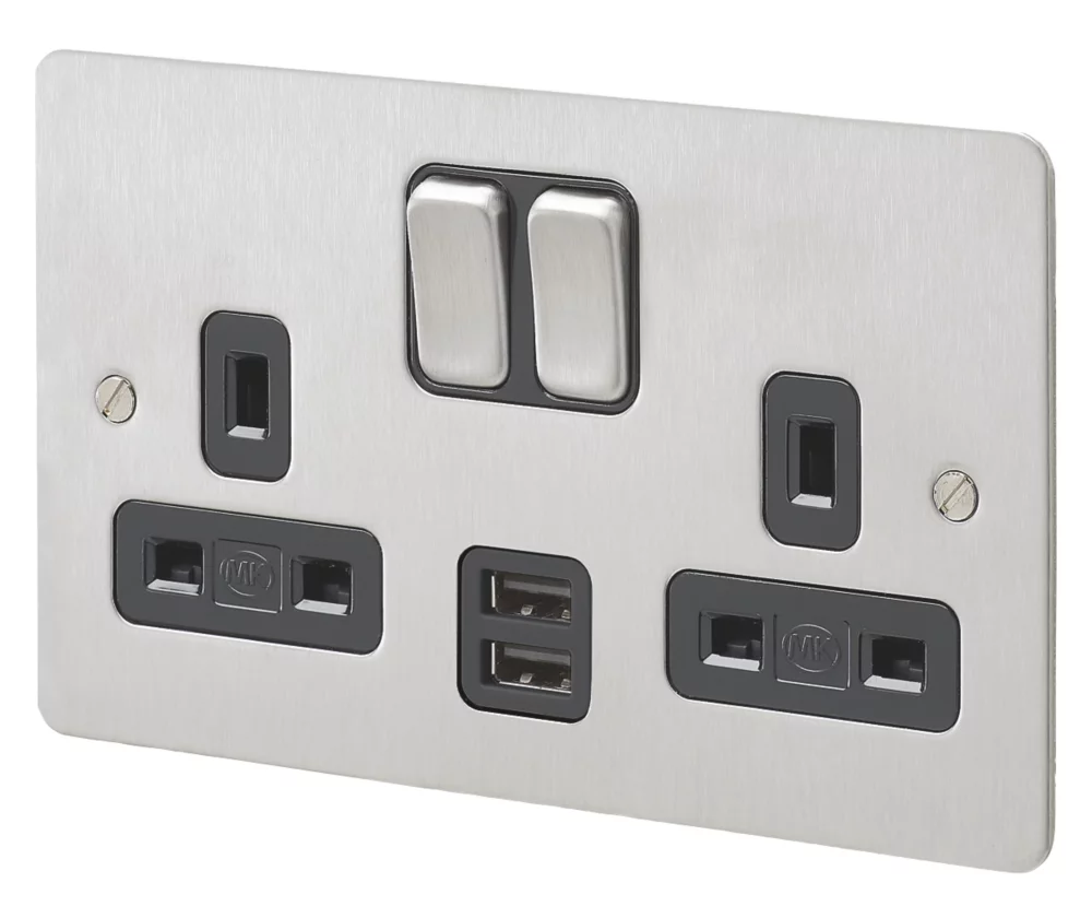MK Edge 13A 2-Gang DP Switched Socket + 2A 2-Outlet Type A USB Charger Brushed Stainless Steel With Black Inserts 3 MK Edge 13A 2-Gang DP Switched Socket + 2A 2-Outlet Type A USB Charger Brushed Stainless Steel With Black Inserts
