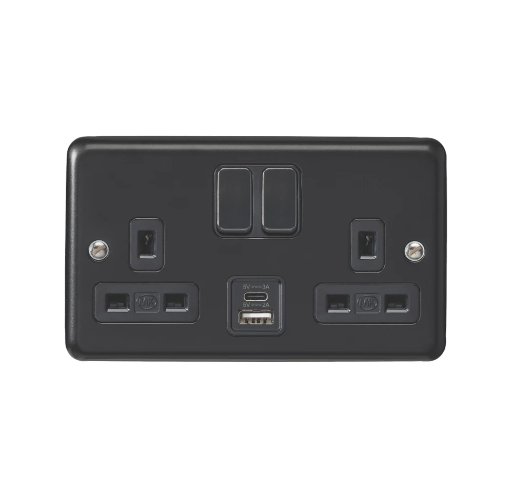 MK Contoura 13A 2-Gang DP Switched Socket + 3A 2-Outlet Type A & C USB Charger Black With Colour-Matched Inserts 4 MK Contoura 13A 2-Gang DP Switched Socket + 3A 2-Outlet Type A & C USB Charger Black With Colour-Matched Inserts - Image 2