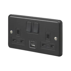 British General Shop 31 MK Contoura 13A 2-Gang DP Switched Socket + 3A 2-Outlet Type A & C USB Charger Black With Colour-Matched Inserts